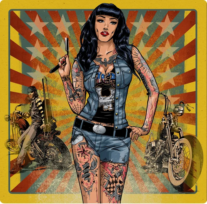 Tattooed woman in denim vest and shorts with motorcycles by Jan Meininghaus