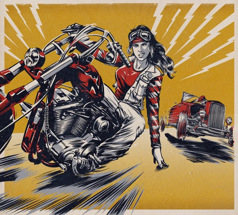 Woman in red outfit with motorcycle and vintage car, illustration by Jan Meininghaus