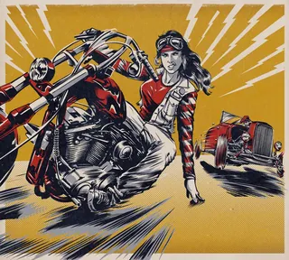 Woman in red outfit with motorcycle and vintage car, illustration by Jan Meininghaus