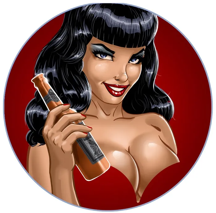 Pinup woman with black hair holding bottle, illustration by Jan Meininghaus