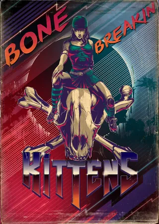 Poster of woman riding a skull with text Bone Breakin Kittens by Jan Meininghaus