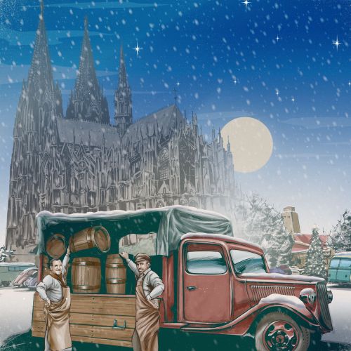 Vintage truck with barrels parked near Gothic cathedral in snowy night by Jan Meininghaus