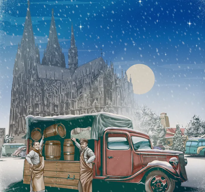 Vintage truck with barrels parked near Gothic cathedral in snowy night by Jan Meininghaus