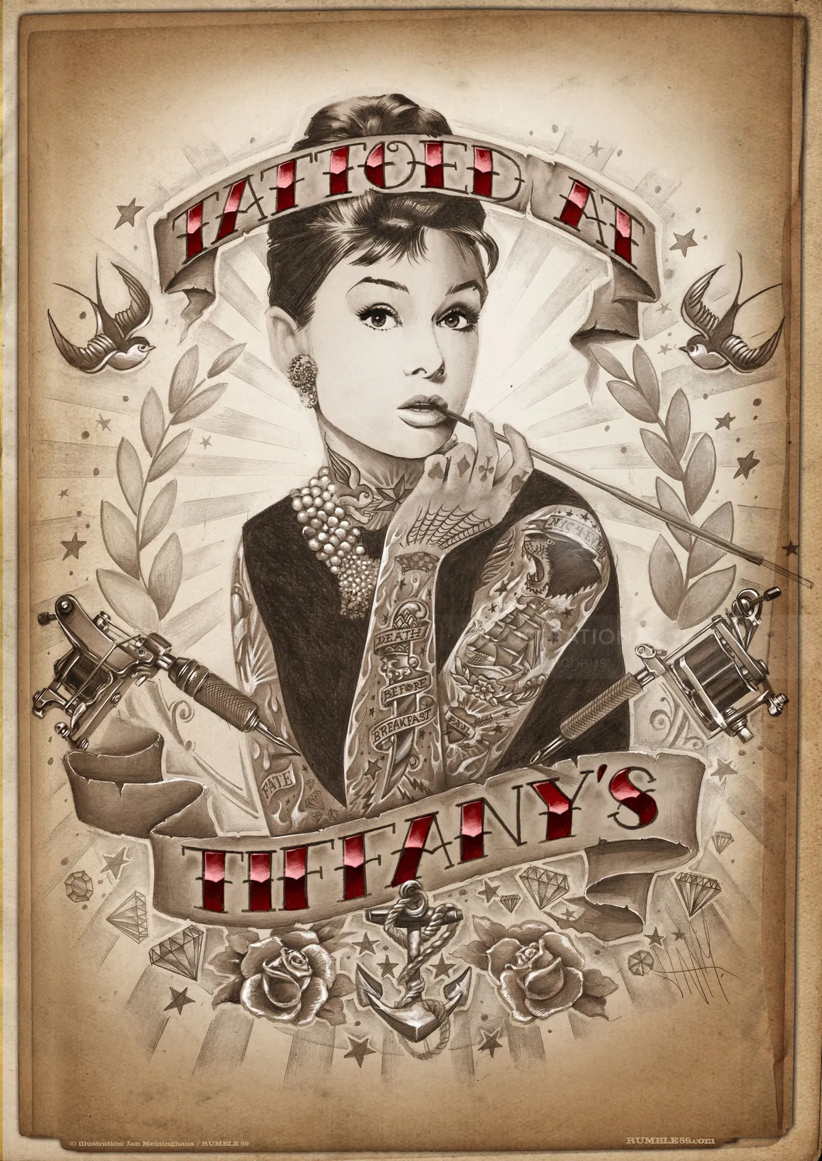 Sepia portrait of a tattooed woman with vintage style by Jan Meininghaus