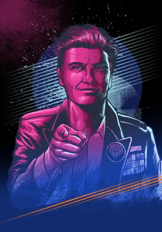 Neon portrait of man in suit pointing forward by Jan Meininghaus