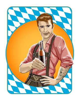 Man in lederhosen holding beer bottle with Bavarian flag background by Jan Meininghaus