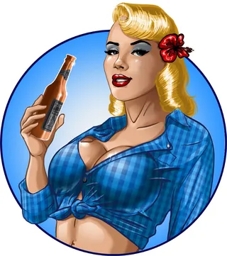 Vintage pin-up woman in blue shirt holding bottle by Jan Meininghaus
