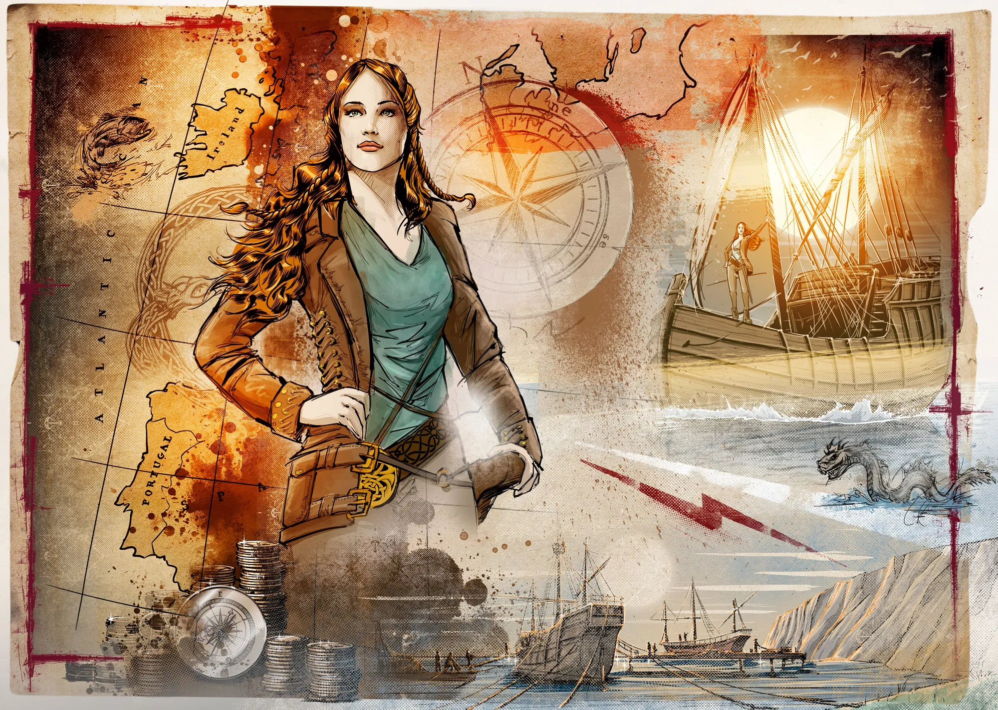 Illustration of woman, historical ships, and map by Jan Meininghaus
