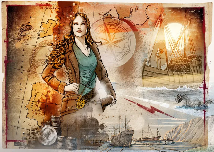 Illustration of woman, historical ships, and map by Jan Meininghaus