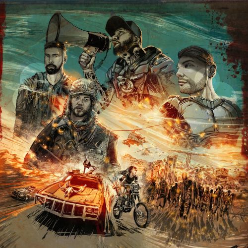 Dynamic combat scene with soldiers, tank, motorcycle, and helicopters by Jan Meininghaus