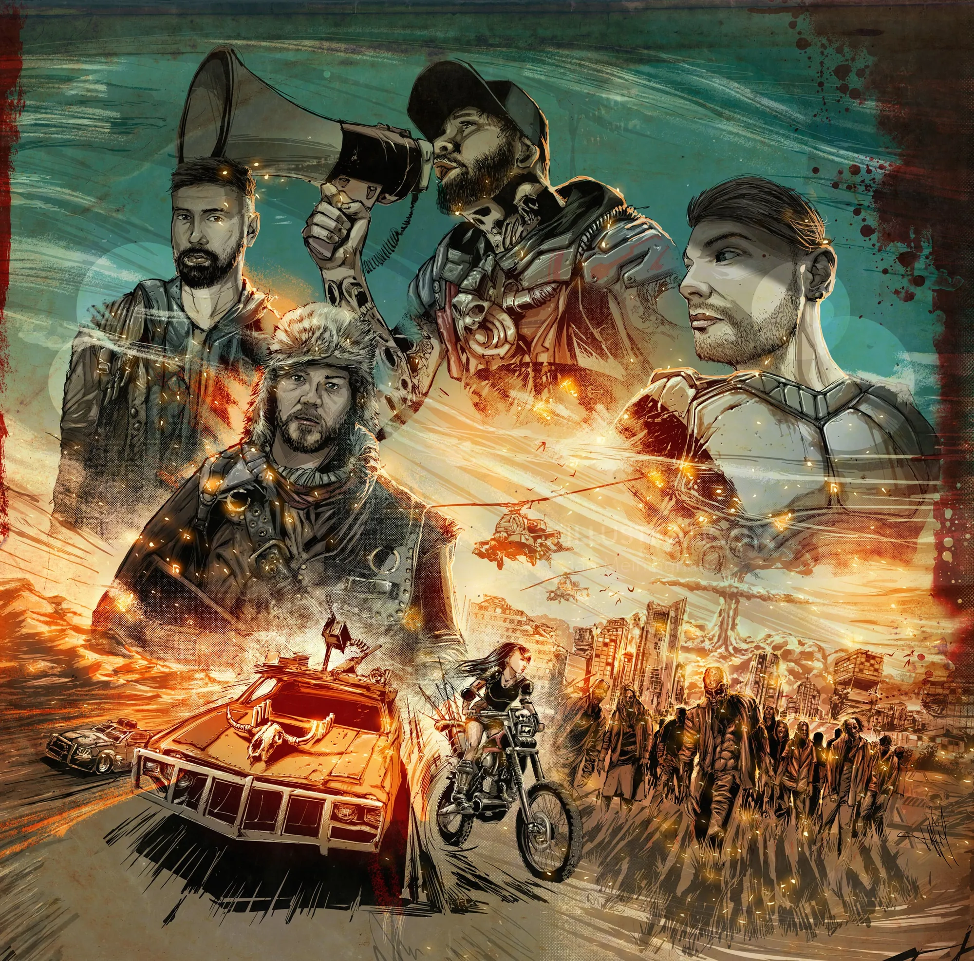 Dynamic combat scene with soldiers, tank, motorcycle, and helicopters by Jan Meininghaus