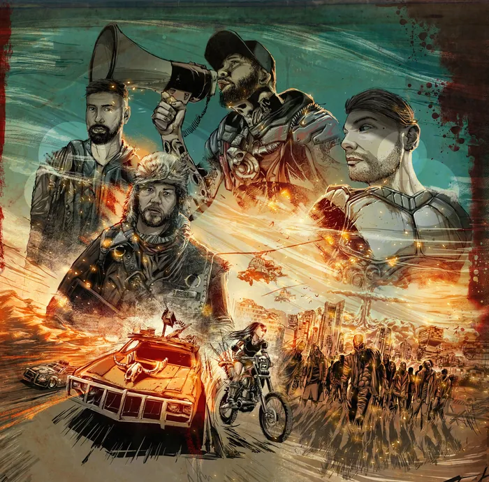 Dynamic combat scene with soldiers, tank, motorcycle, and helicopters by Jan Meininghaus