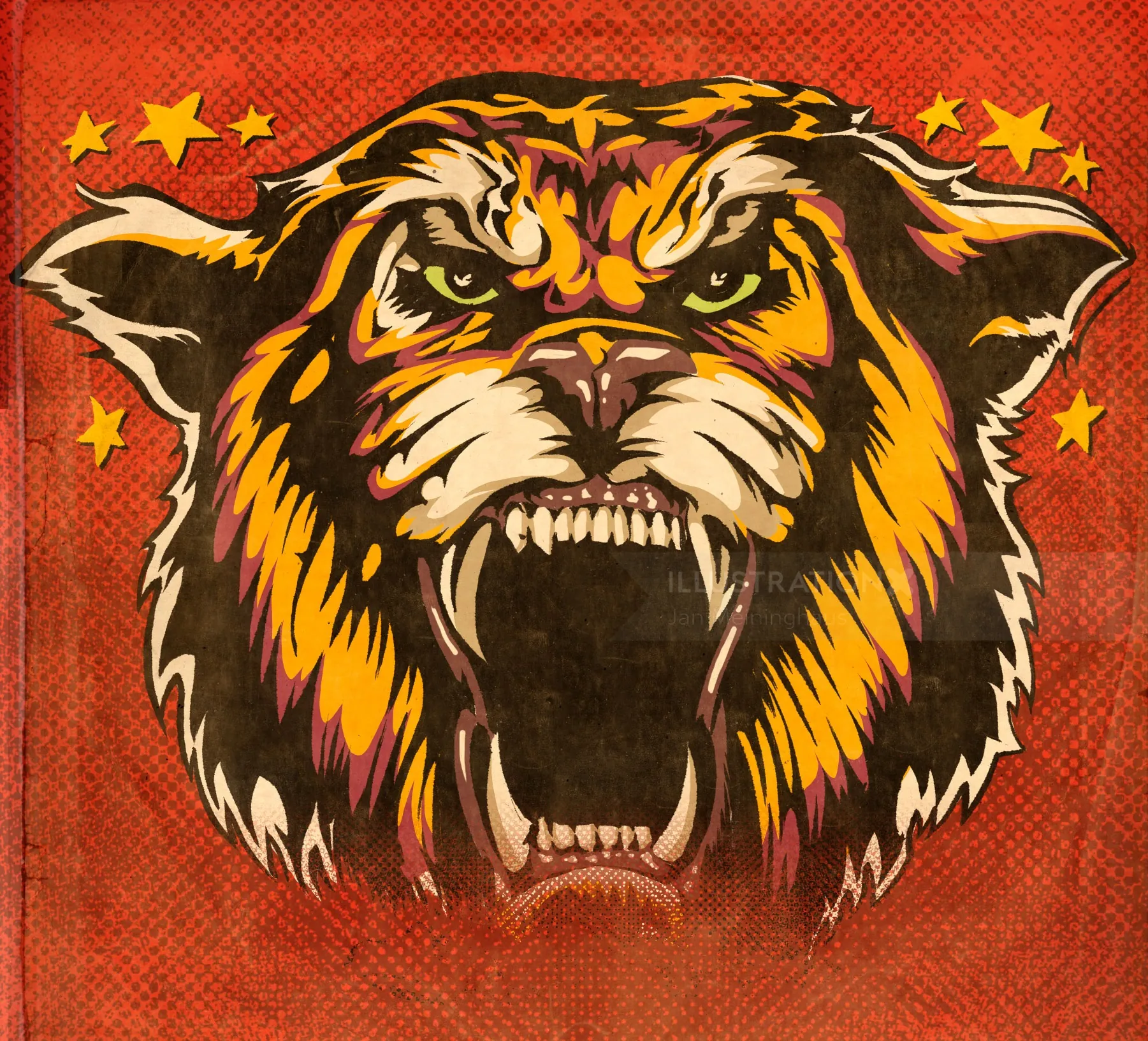 Roaring tiger head with stars on red background by Jan Meininghaus