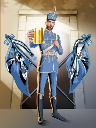 Man in blue military uniform holding beer mug by Jan Meininghaus