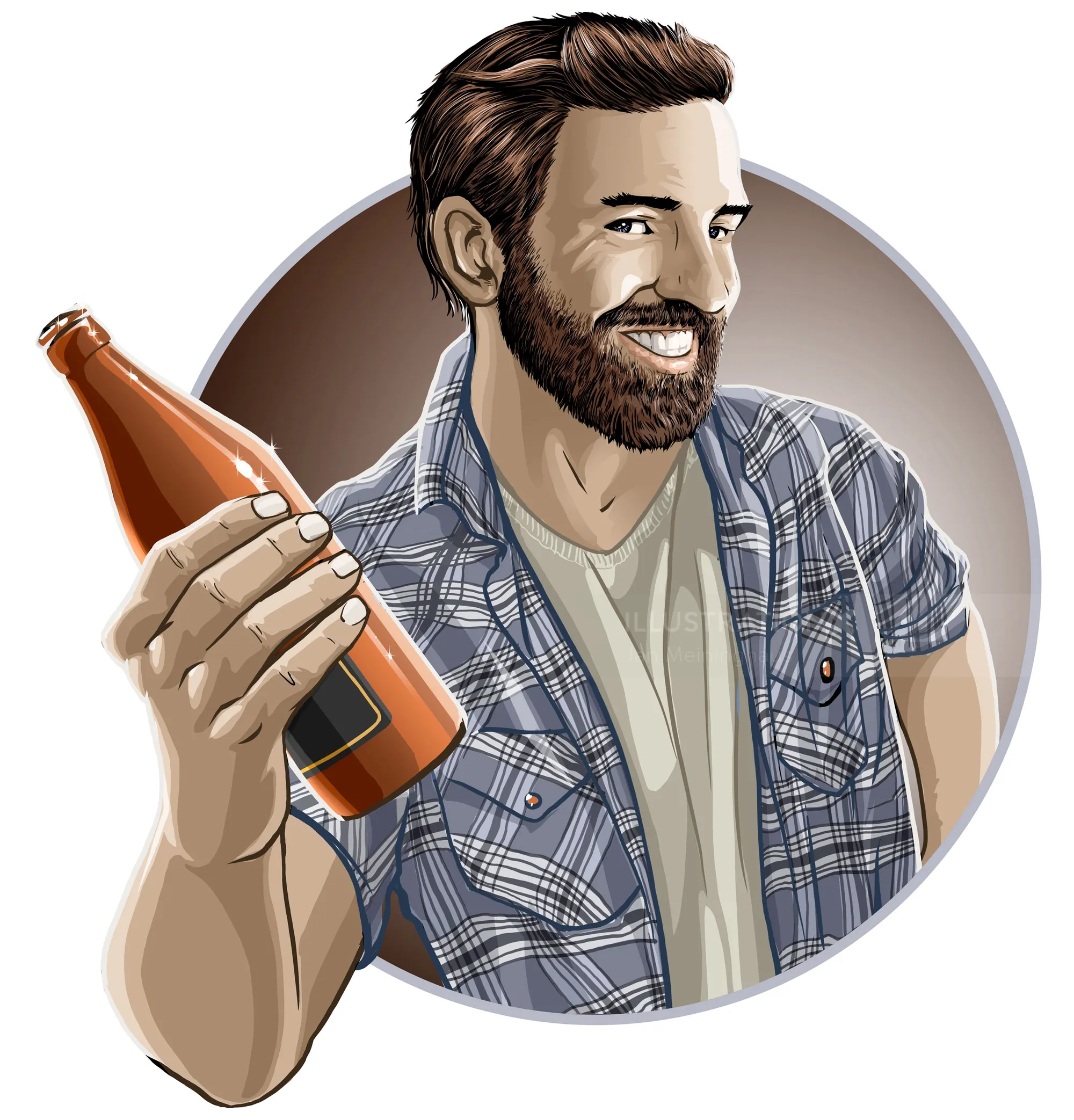 Bearded man holding a bottle smiling illustration by Jan Meininghaus