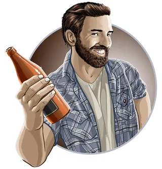 Bearded man holding a bottle smiling illustration by Jan Meininghaus