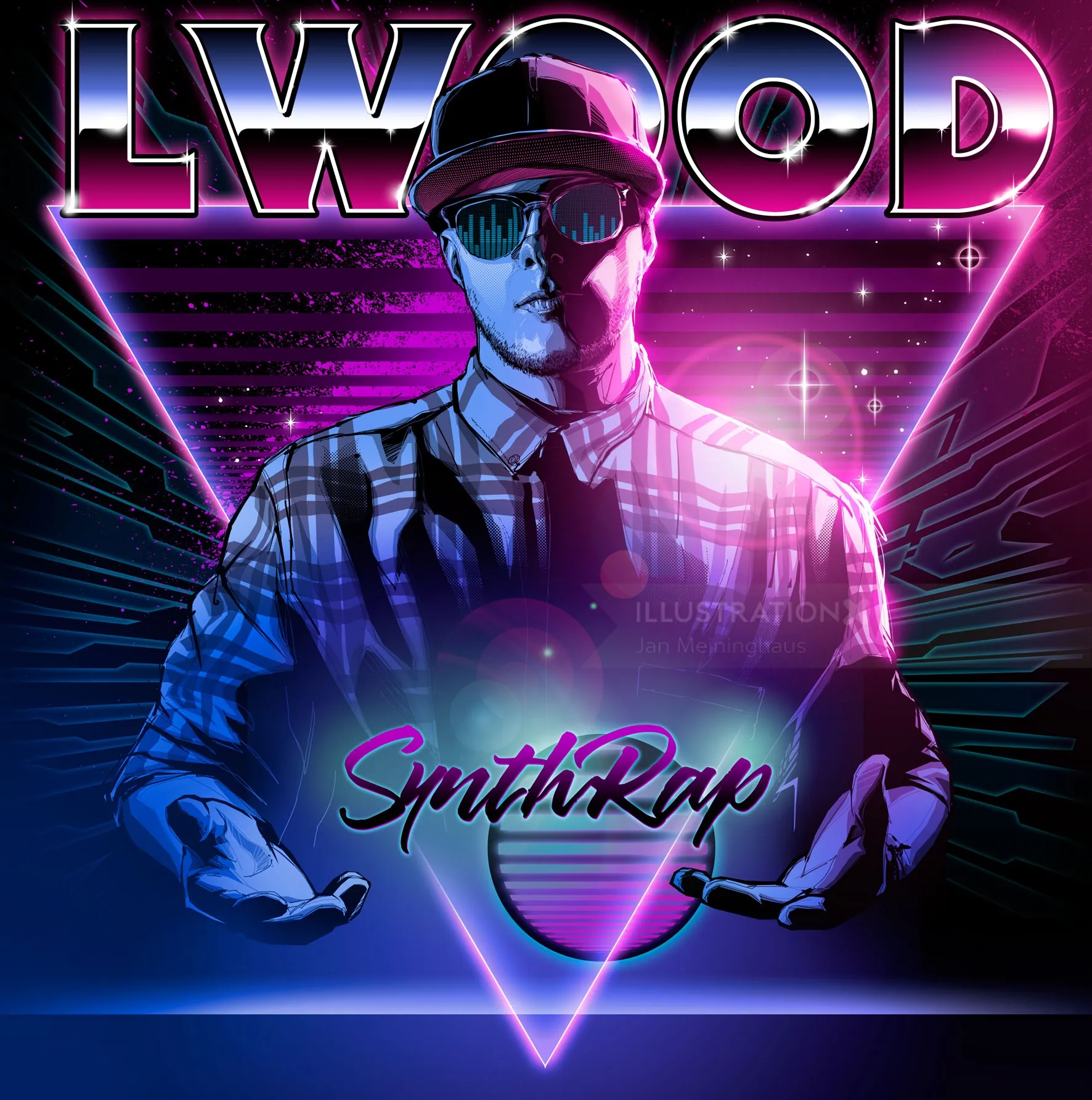 Neon portrait of man in sunglasses and cap with SynthRap text by Jan Meininghaus