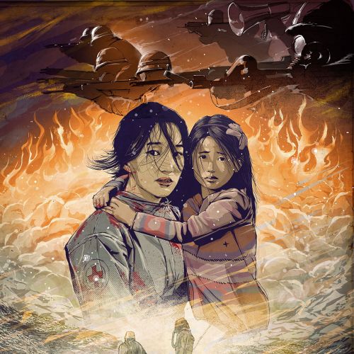 Mother holding child with war tanks and flames in background by Jan Meininghaus
