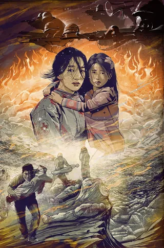 Mother holding child with war tanks and flames in background by Jan Meininghaus