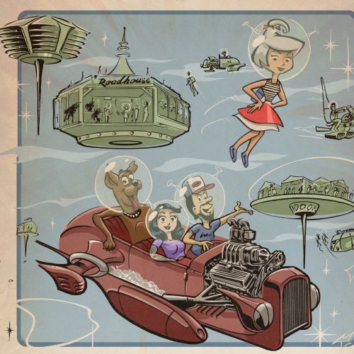 Futuristic flying car with passengers and floating buildings by Jan Meininghaus