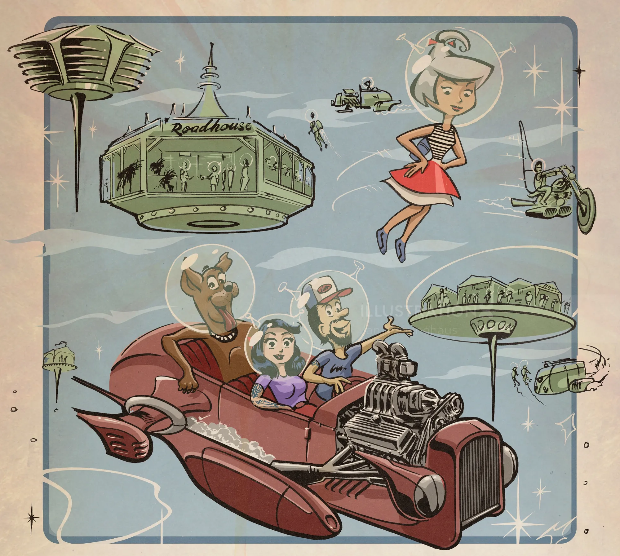 Futuristic flying car with passengers and floating buildings by Jan Meininghaus