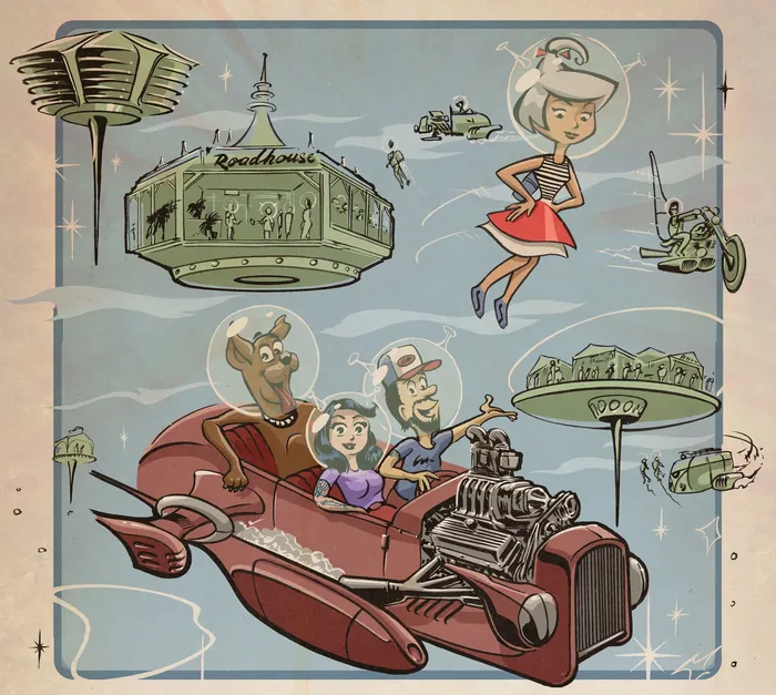 Futuristic flying car with passengers and floating buildings by Jan Meininghaus