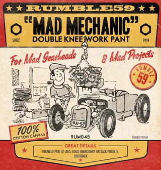Vintage Rumble59 Mad Mechanic work pants ad with cartoon mechanic and car engine, by Jan Meininghaus