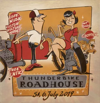 Illustrated Thunderbike Roadhouse event poster with biker and woman by motorcycle by Jan Meininghaus