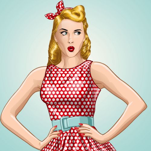 Retro woman in red polka dot dress with blue belt and bow by Jan Meininghaus
