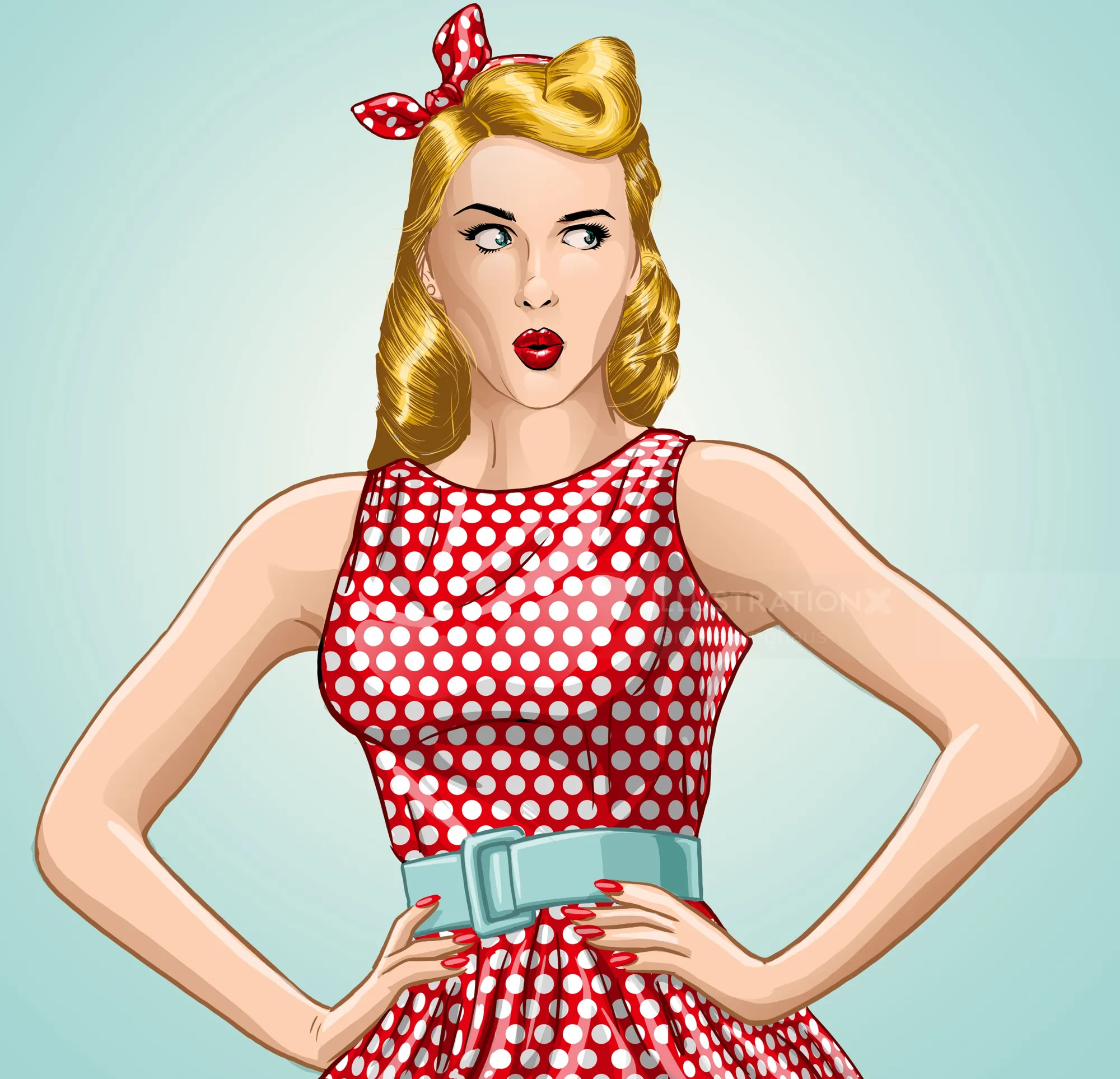 Retro woman in red polka dot dress with blue belt and bow by Jan Meininghaus