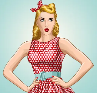 Retro woman in red polka dot dress with blue belt and bow by Jan Meininghaus