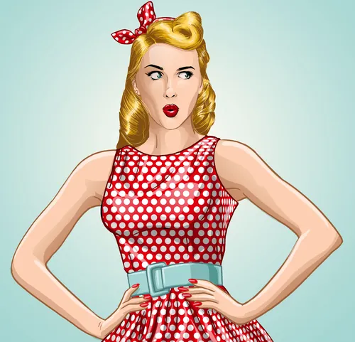 Retro woman in red polka dot dress with blue belt and bow by Jan Meininghaus