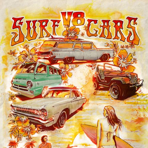 Vintage surf cars with surfers and tropical flowers by Jan Meininghaus