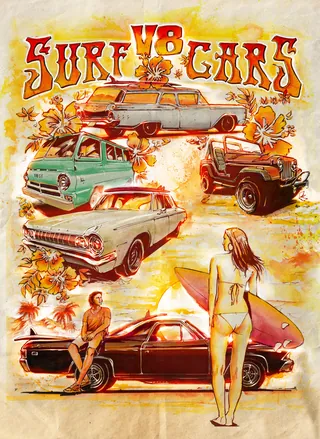 Vintage surf cars with surfers and tropical flowers by Jan Meininghaus