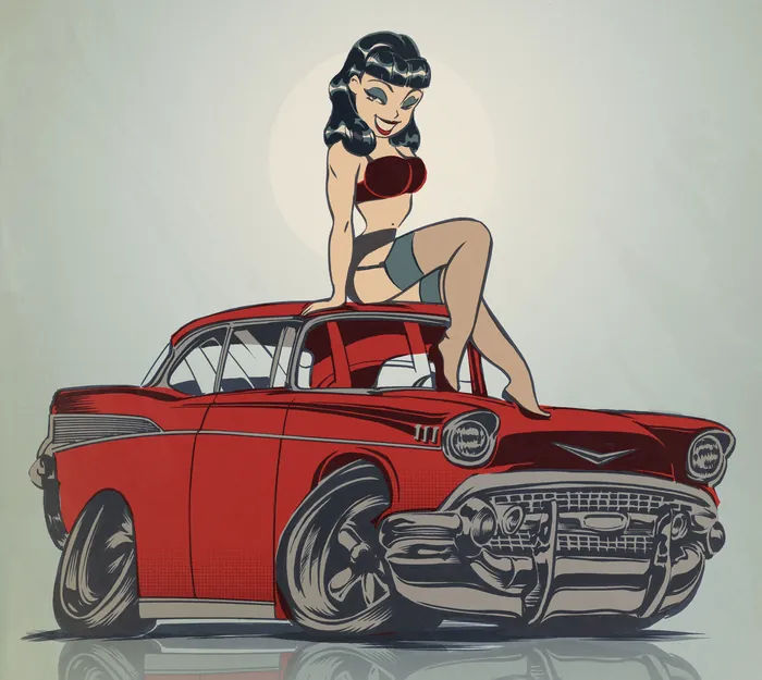 Pinup woman sitting on a red classic car by Jan Meininghaus