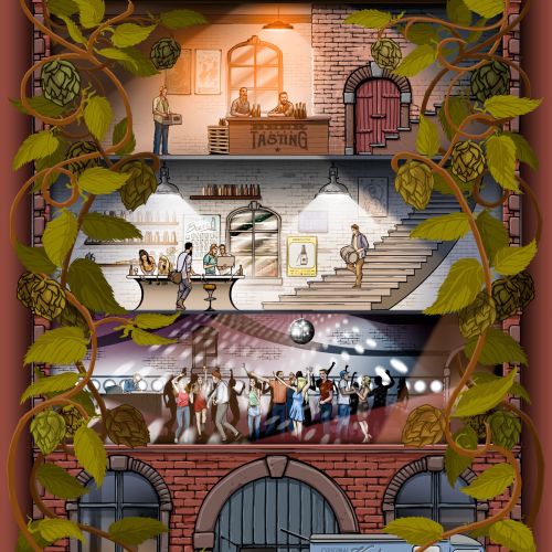 Multi-level warehouse with dining, dancing, and people inside, framed by vines by Jan Meininghaus