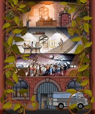 Multi-level warehouse with dining, dancing, and people inside, framed by vines by Jan Meininghaus