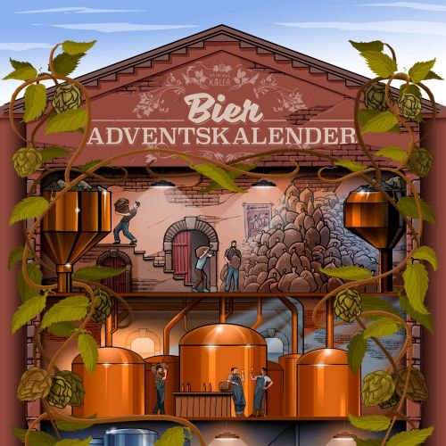 Beer Advent Calendar brewery scene with large brewing tanks and workers by Jan Meininghaus
