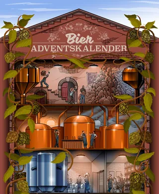 Beer Advent Calendar brewery scene with large brewing tanks and workers by Jan Meininghaus