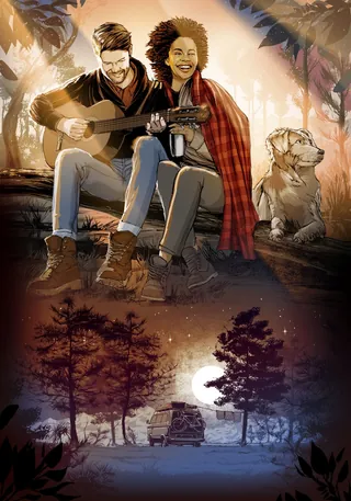 Couple playing guitar by campfire in forest with dog, by Jan Meininghaus