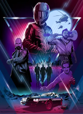 Neon action scene with helmeted figure and helicopter by Jan Meininghaus