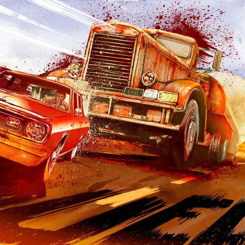 Illustration of a vintage muscle car crashing into a large truck by Jan Meininghaus