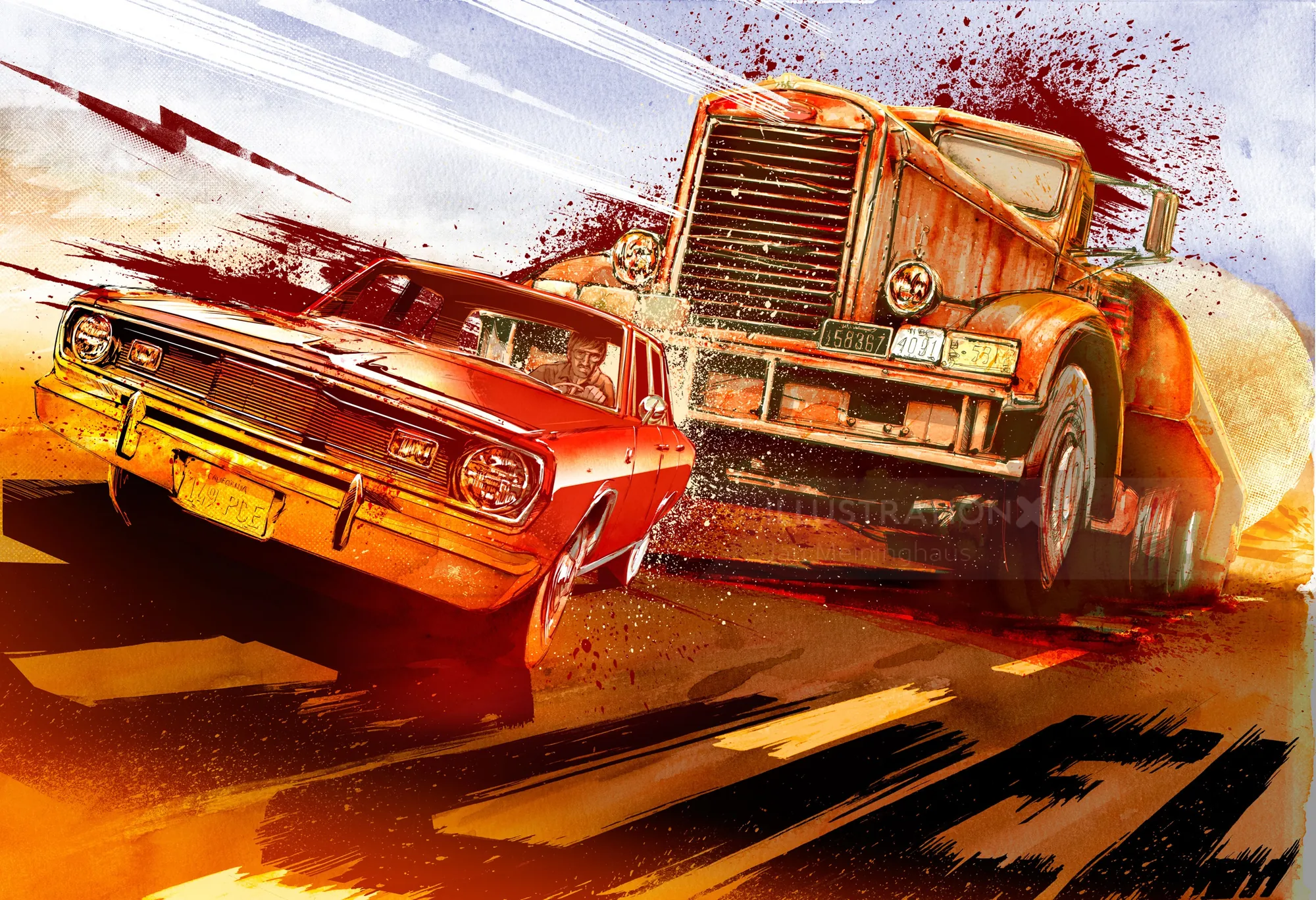 Illustration of a vintage muscle car crashing into a large truck by Jan Meininghaus