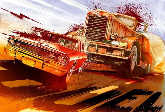 Illustration of a vintage muscle car crashing into a large truck by Jan Meininghaus