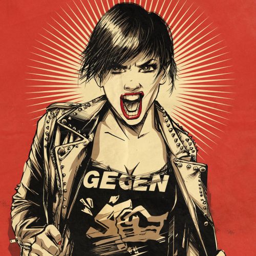 Punk woman shouting with electric guitar by Jan Meininghaus