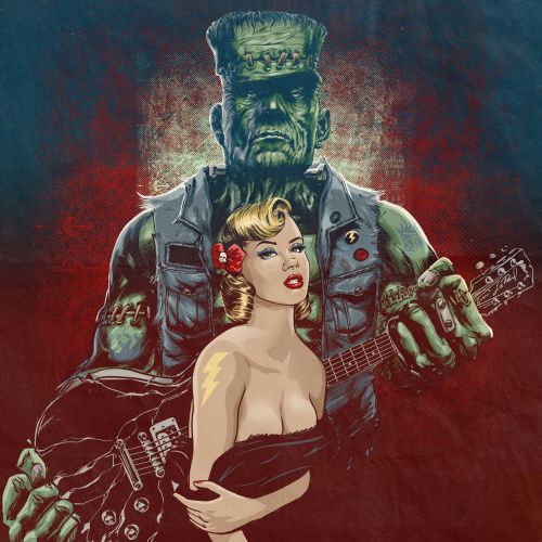Rockabilly woman with red flower stands in front of Frankenstein guitarist by Jan Meininghaus