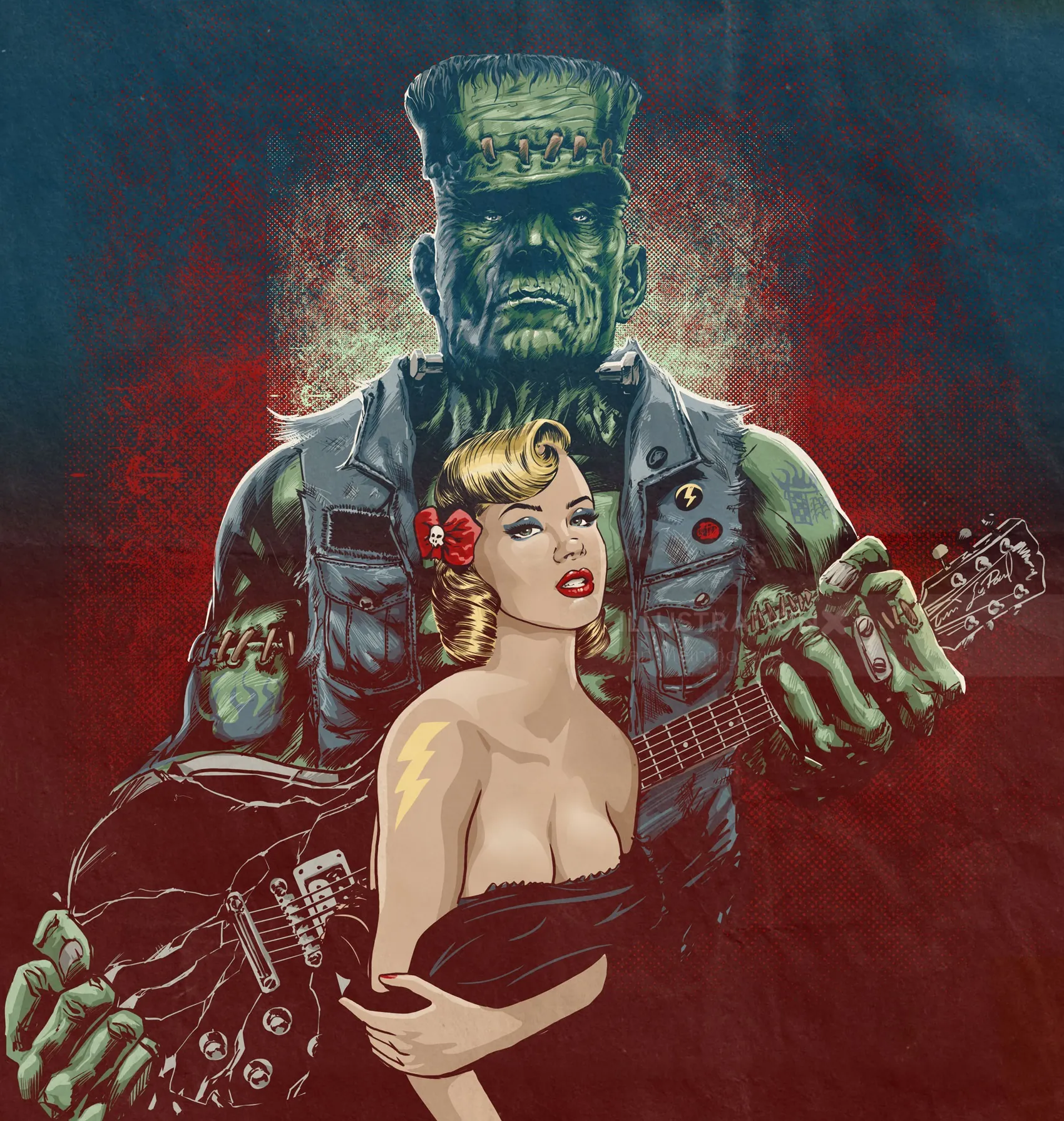 Rockabilly woman with red flower stands in front of Frankenstein guitarist by Jan Meininghaus