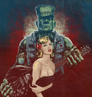 Rockabilly woman with red flower stands in front of Frankenstein guitarist by Jan Meininghaus