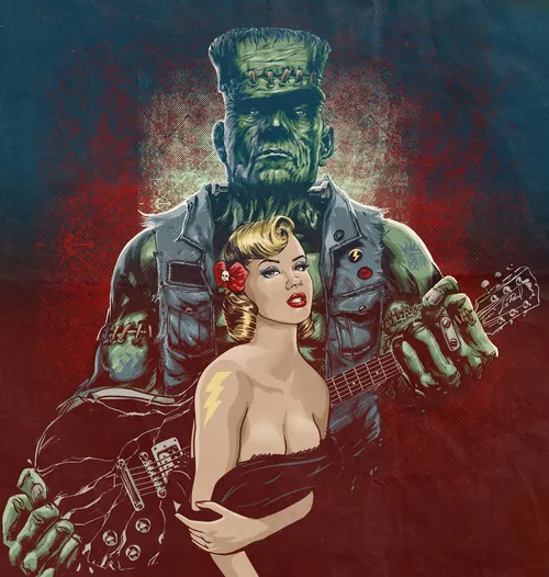 Rockabilly woman with red flower stands in front of Frankenstein guitarist by Jan Meininghaus