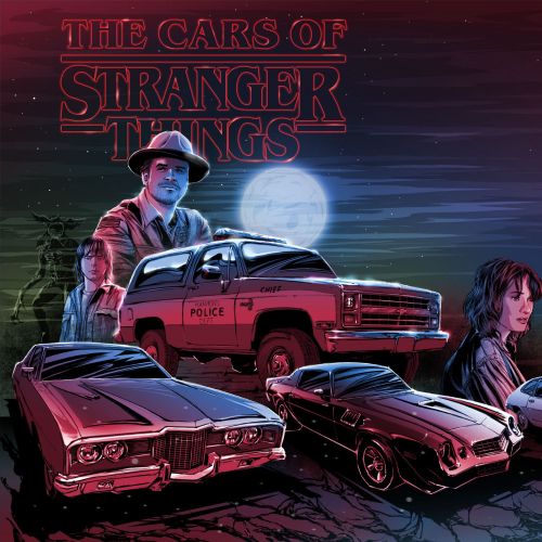 Cars from Stranger Things with characters under a full moon by Jan Meininghaus